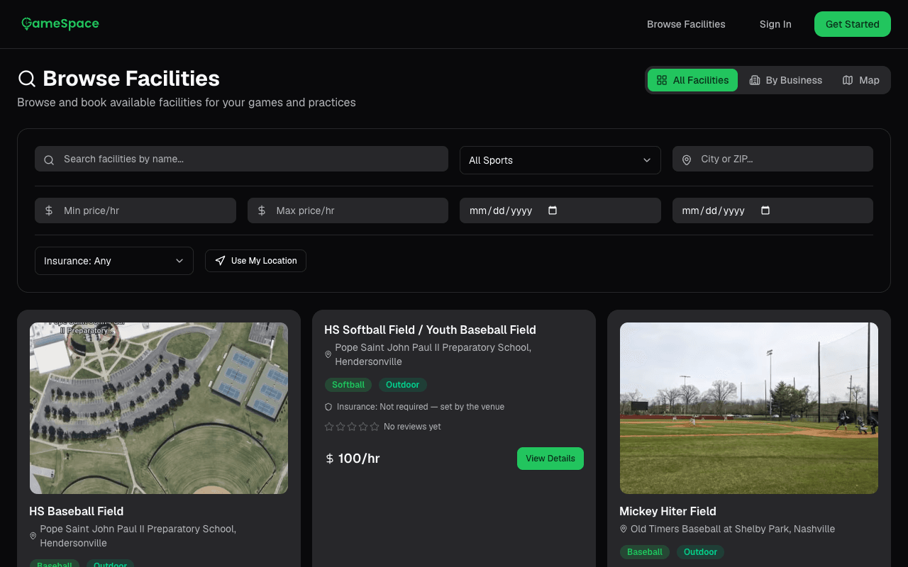 GameSpace browse facilities page showing search filters and listed fields