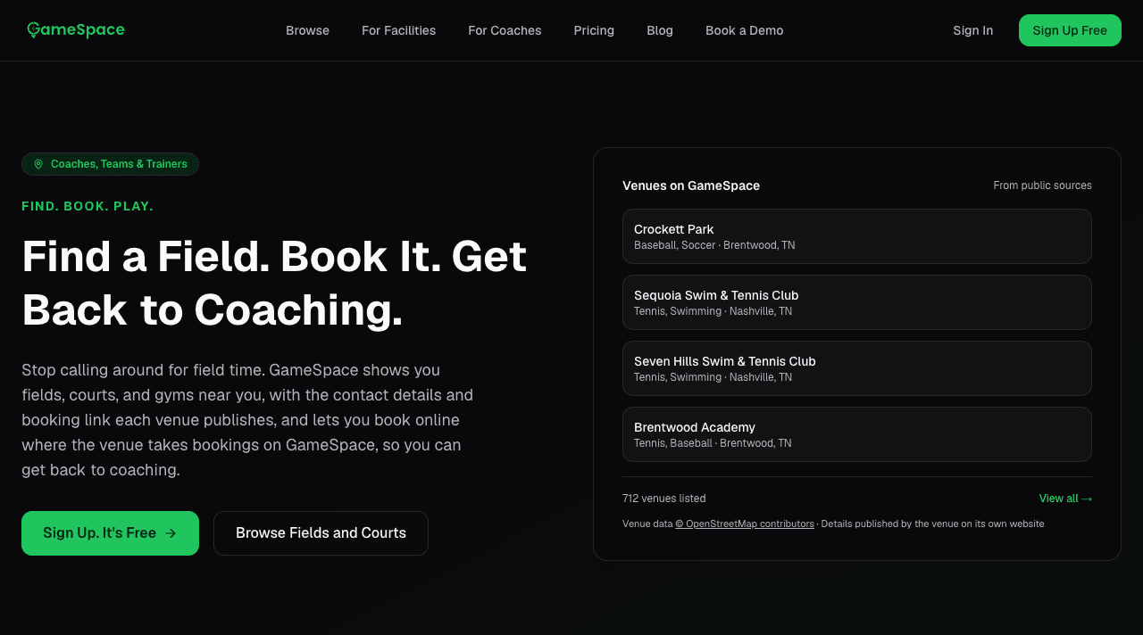 GameSpace for-coaches page headline beside a list of venues on GameSpace